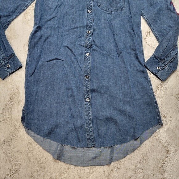 Rails Dark Denim Style Button Up Blouse Dress With Embroidered Stitch Blue XS - Picture 3 of 12